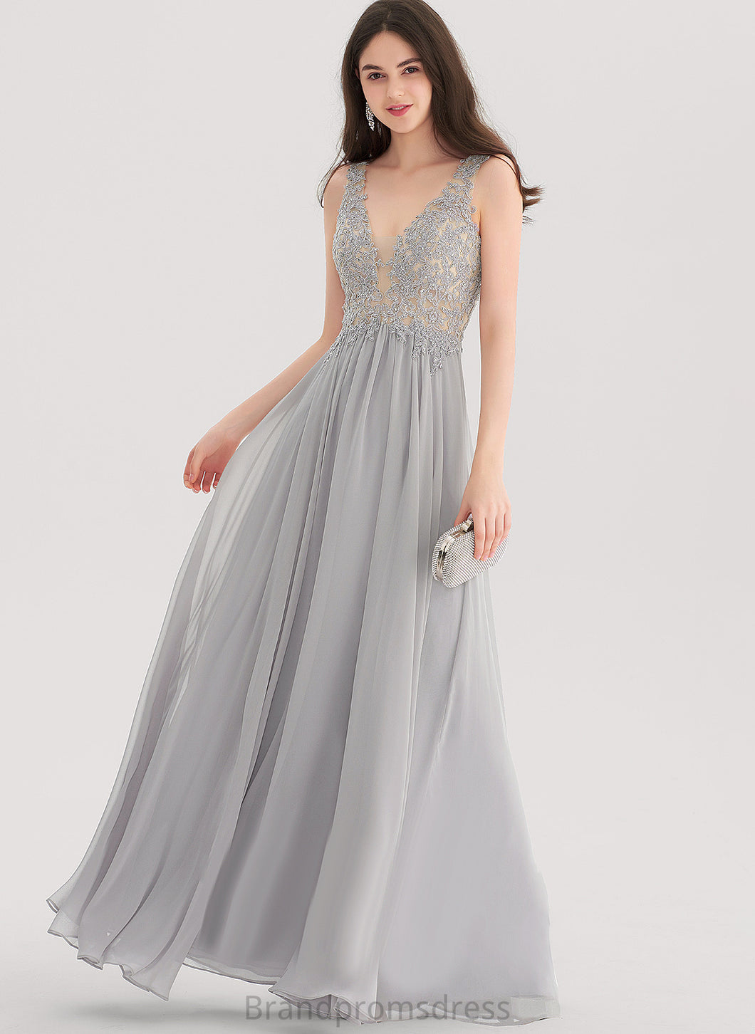 Lace Floor-Length A-Line Chiffon Prom Dresses With Madeleine Rhinestone V-neck
