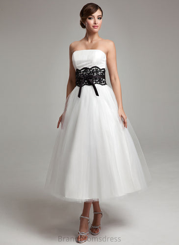 Strapless Sash Tulle Beading Deborah Ball-Gown/Princess Wedding Dress Bow(s) Lace Tea-Length Wedding Dresses With Satin