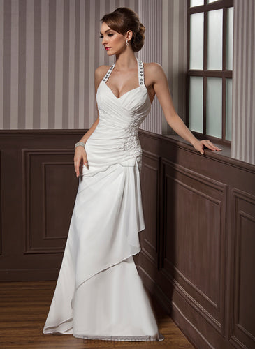 Sheath/Column Chiffon Appliques Alivia Beading Halter Wedding Floor-Length Ruffle Dress Lace Sequins Wedding Dresses With