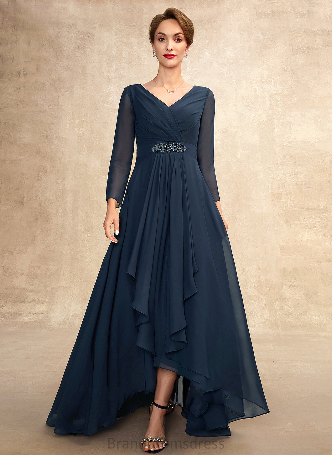With the Bow(s) Dress Asymmetrical of Bride Mother of the Bride Dresses Chiffon Mother A-Line Beading Alani Ruffle V-neck