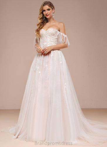 Dress Ball-Gown/Princess With Off-the-Shoulder Lace Tulle Kelsey Wedding Dresses Sequins Ruffle Court Sweetheart Wedding Train