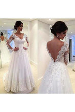 Load image into Gallery viewer, A Line V Neck Long Sleeves Cheap Tulle Wedding Dresses With Appliques