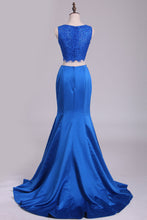 Load image into Gallery viewer, 2022 Two Pieces Mermaid Bateau Prom Dresses With Beading Satin &amp; Lace