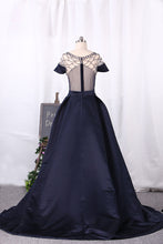 Load image into Gallery viewer, 2024 Scoop Short Sleeves Prom Dresses A Line Satin With Beading