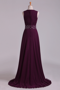 2024 Prom Dresses A-Line Bateau Floor-Length Chiffon With Beads & Ruffles