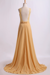2024 Exquisite Prom Dresses Scoop A Line Lace & Chiffon