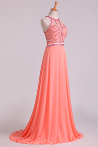 2022 Halter Prom Dresses A Line Chiffon & Tulle Sweep Train With Beading