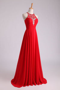 2024 Scoop A-Line/Princess Prom Dresses With Beads And Ruffles Chiffon