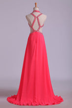 Load image into Gallery viewer, 2022 Chiffon Halter Prom Dress Sexy A Line Court Train