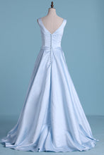 Load image into Gallery viewer, 2024 Prom Dresses A Line Scoop Satin Covered Button Sweep Train