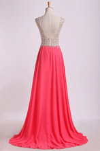 Load image into Gallery viewer, 2022 V Neck Beaded Bodice Prom Dresses A Line Sweep Train Chiffon&amp;Tulle