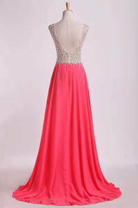 2022 V Neck Beaded Bodice Prom Dresses A Line Sweep Train Chiffon&Tulle