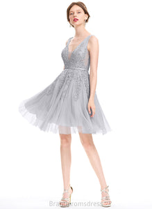 Homecoming Dresses Homecoming Dress A-Line Beading With V-neck Lace Knee-Length Sequins Heather Tulle