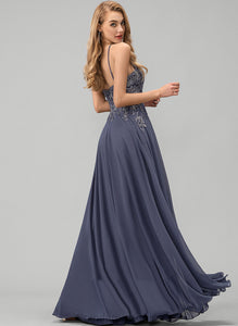 Chiffon Scoop Sequins Prom Dresses A-Line Floor-Length Maggie With Lace