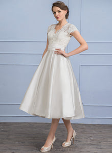 Wedding Lace Dress Tea-Length Averi V-neck Satin Ruffle Wedding Dresses With A-Line