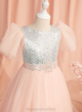 Load image into Gallery viewer, Jan Sleeves Floor-length Neck Tulle/Sequined Flower Girl Dresses With Ball-Gown/Princess Scoop Flower Dress Beading/Sequins/Bow(s) - Girl Short