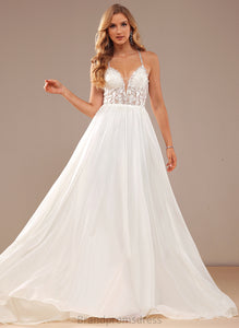 Lace Wedding Chiffon Train With Dress Beading Sequins Wedding Dresses V-neck A-Line Gwendolyn Sweep