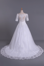 Load image into Gallery viewer, 2024 New Arrival Wedding Dresses Boat Neck Short Sleeves Chapel Train With Applique