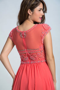 2022 Prom Dresses Scoop A Line Chiffon With Beading Cap Sleeves