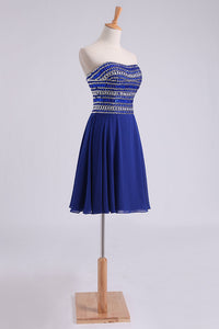 2022 A Line Short/Mini Strapless Dark Royal Blue Chiffon Homecoming Dresses With Rhinestone