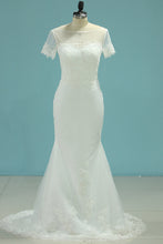 Load image into Gallery viewer, 2024 New Arrival Scoop Short Sleeves Mermaid Tulle With Applique Wedding Dresses