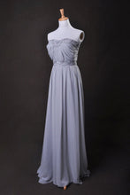 Load image into Gallery viewer, Silver Prom Dress A Line Strapless Floor Length Sweep/Brush Train Chiffon Cz