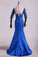 2022 Hot Bateau Dark Royal Blue Mother Of The Bride Dresses 3/4 Length Sleeve With Applique Satin