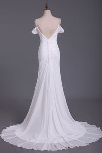 2022 A Line Straps With Beads And Ruffles Wedding Dresses Chiffon Court Train Detachable