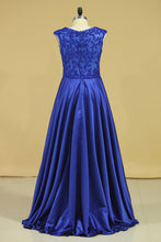 Load image into Gallery viewer, 2022 Plus Size A Line Prom Dresses Scoop Dark Royal Blue Satin Cap Sleeves Floor-Length