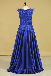 2022 Plus Size A Line Prom Dresses Scoop Dark Royal Blue Satin Cap Sleeves Floor-Length