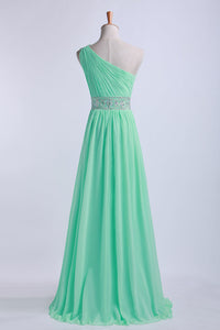 2022 One Shoulder A-Line Prom Dresses Floor Length Chiffon With Beading&Sequins