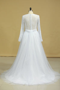 2022 Plus Size Long Sleeves Wedding Dresses Scoop A Line Tulle & Lace Sweep Train
