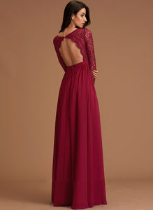 V-neck Chiffon Lace Prom Dresses Floor-Length Ansley A-Line