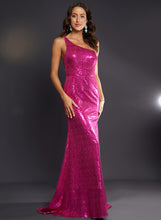 Load image into Gallery viewer, One-Shoulder Sequined Cristal Train Sweep Trumpet/Mermaid Prom Dresses