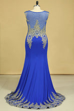 Load image into Gallery viewer, 2024 Dark Royal Blue Prom Dresses Scoop Mermaid With Applique Spandex Sweep Train Size 18W