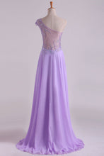 Load image into Gallery viewer, 2024 One Shoulder A Line Prom Dress Beaded Tulle And Chiffon Sweep Train