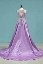 Load image into Gallery viewer, 2024 Two-Piece Scoop Prom Dresses A Line Satin With Beading Court Train