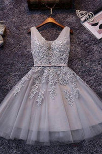 Princess/A-Line V-Neck Appliques Gray Homecoming Dresses Miriam Tulle Dresses Prom