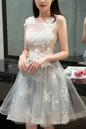 Princess/A-Line Jewel Sleeveless Light Jordyn Homecoming Dresses Gray Tulle Dresses With Appliques Prom