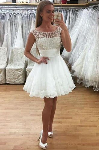 Princess/A-Line Crew Neck Short White Dresses With Lace Homecoming Dresses Nathalia Beading Prom