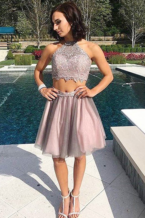 Two Piece Jewel Open Back Short Homecoming Dresses Emma Blush Tulle Dresses Prom