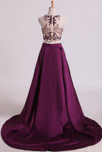 Load image into Gallery viewer, 2022 Two Pieces A Line Scoop Beaded Bodice Prom Dresses Satin &amp; Tulle Sweep Train Grape