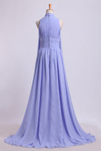 Load image into Gallery viewer, 2022 High Neck Pleated Bodice Prom Dresses A-Line Chiffon Sweep Train