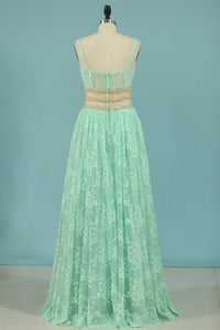 2024 Soft Lace Evening Dresses A-Line V-Neck Floor-Length With Beading