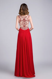 2022 Hot Selling Scoop A Line Full Length Red Prom Dress Beaded Tulle Bodice With Chiffon Skirt