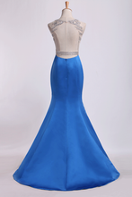 Load image into Gallery viewer, 2022 Two-Tone Bateau Mermaid Prom Dresses Beaded Bodice Satin And Tulle Sweep Train