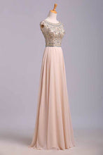 Load image into Gallery viewer, 2022 Prom Dress Scoop A Line Floor Length Beaded Tulle Bodice With Chiffon Skirt