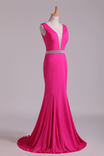 Load image into Gallery viewer, 2024 Prom Dresses Open Back Column V Neck Beaded Waistline Sweep Train