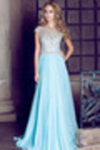2024 Prom Dress Scoop A Line Floor Length Beaded Tulle Bodice With Chiffon Skirt