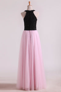 2022 Bicolor Prom Dresses A-Line Scoop Floor-Length Tulle Black Bodice Zipper Back